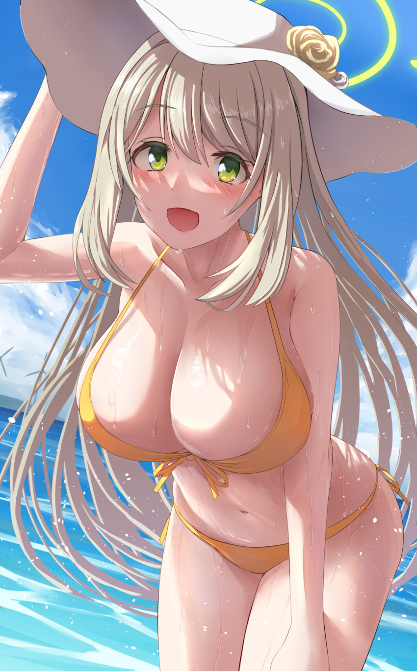 1girl :d bangs bikini blonde_hair blue_archive blue_sky blush breasts cleavage cloud collarbone commentary day ecc12_8 flower green_eyes hair_between_eyes halo hand_on_headwear hat hat_flower highres large_breasts leaning_forward light_brown_hair long_hair navel nonomi_(blue_archive) nonomi_(swimsuit)_(blue_archive) ocean open_mouth outdoors revision side-tie_bikini sidelocks sky smile solo sun_hat swimsuit very_long_hair windmill yellow_bikini