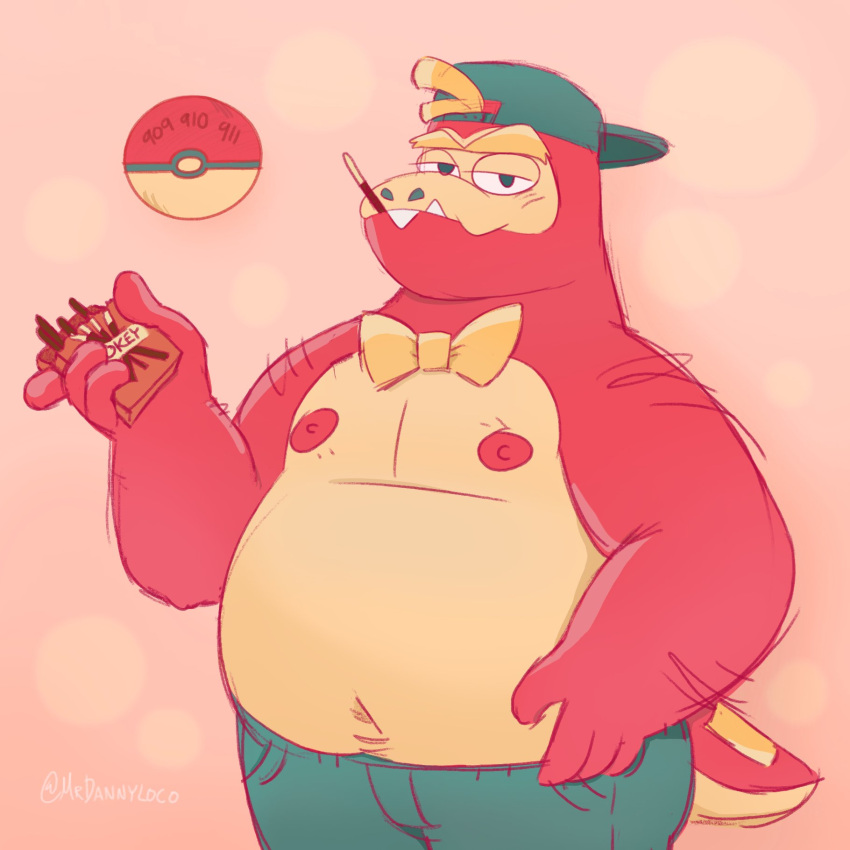 2022 anthro belly big_belly bottomwear bow_tie clothing eating food fuecoco hat headgear headwear hi_res humanoid_hands male mrdannyloco nintendo nipples overweight overweight_male pants pocky pocky_in_mouth pok&eacute;ball pok&eacute;mon pok&eacute;mon_(species) red_body solo video_games