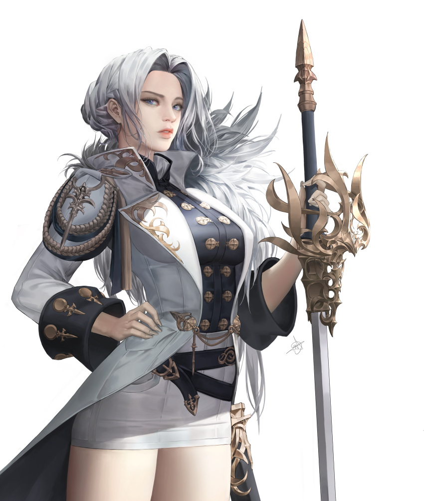 1girl absurdres belt black_belt black_shirt breasts collared_jacket collared_shirt cowboy_shot daeho_cha fingernails grey_eyes grey_hair hand_on_hip highres holding holding_sword holding_weapon jacket large_breasts lips long_hair long_sleeves looking_at_viewer military military_uniform oceans&amp;empires official_art pink_lips sheath shirt signature simple_background skirt solo sword teeth uniform weapon white_background white_jacket white_skirt wide_sleeves