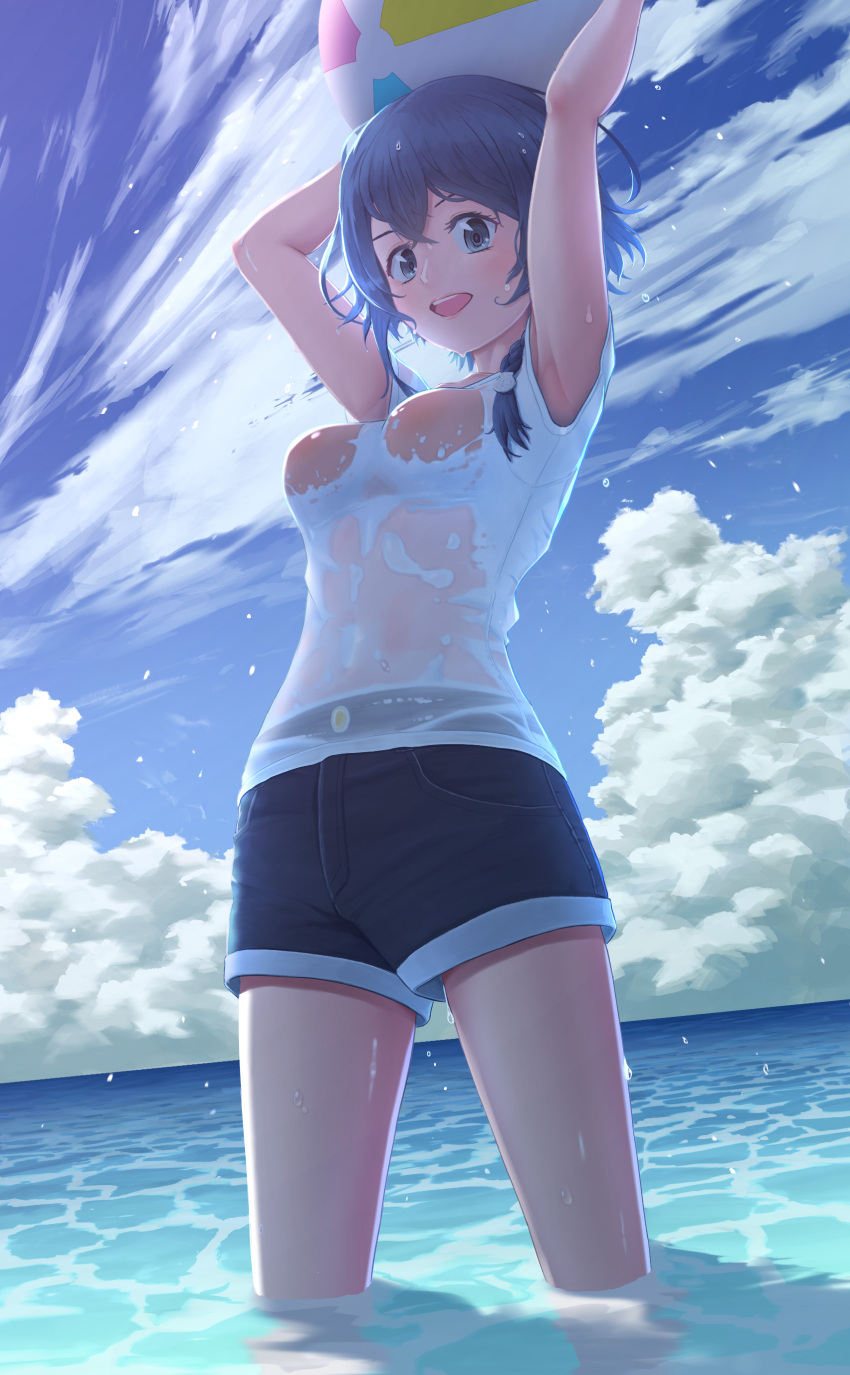 1girl :d absurdres arms_up ball bangs bare_arms beachball black_shorts blue_hair bra_visible_through_clothes braid brown_eyes day hair_between_eyes hair_over_shoulder highres misakino_kukuru ocean open_mouth outdoors shiroi_suna_no_aquatope shirt short_hair_with_long_locks short_shorts short_sleeves shorts sidelocks single_braid smile solo wading wet wet_clothes wet_shirt white_shirt yukatadawa