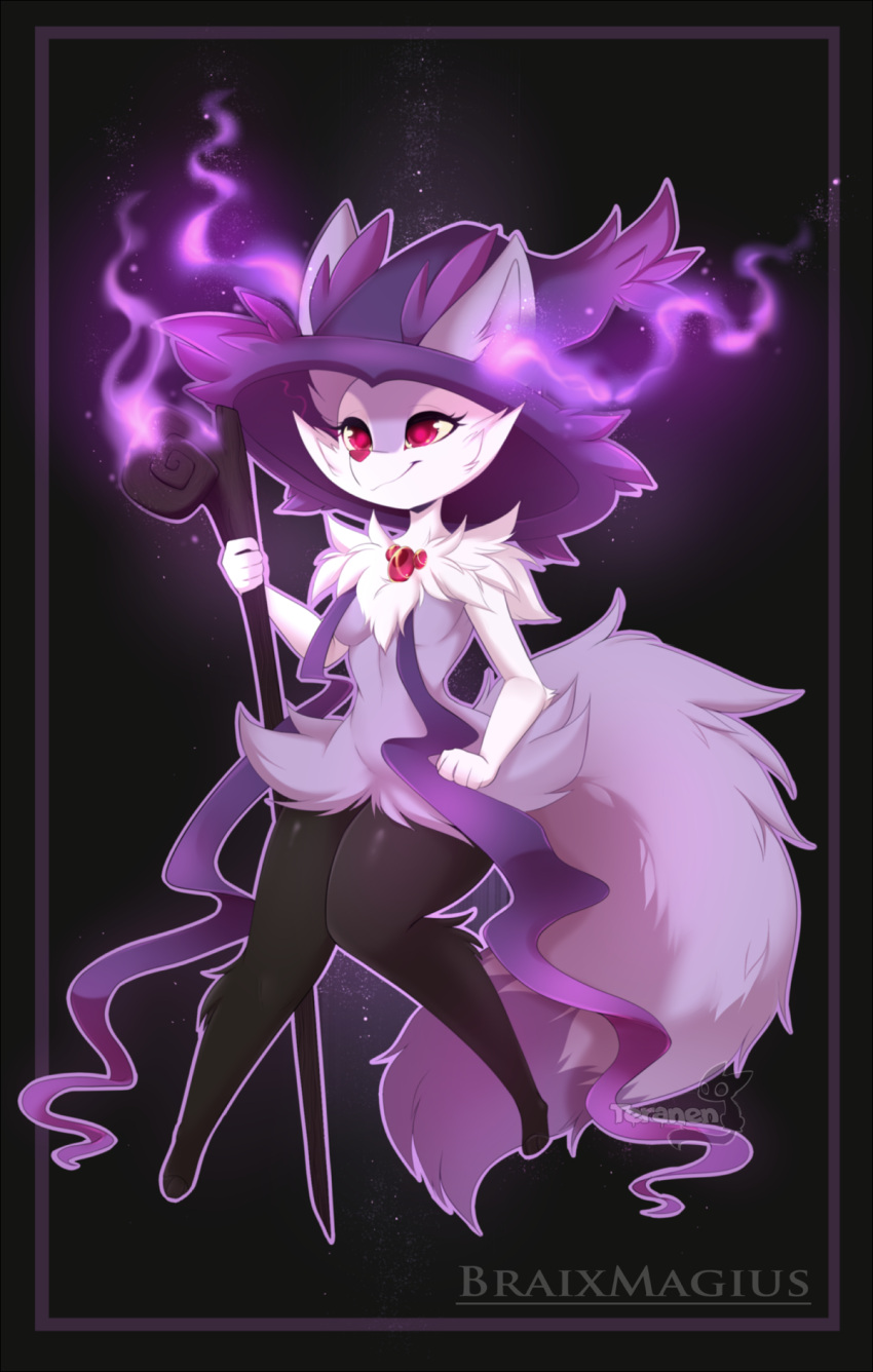 1girl alternate_color animal_ears animal_feet animal_nose artist_name barefoot black_background black_fur body_fur border braixen breasts character_name closed_mouth commentary ears_through_headwear english_commentary english_text fire fox_ears fox_girl fox_tail full_body fur_collar furry furry_female fusion gem hand_up hat highres holding holding_staff knees_together_feet_apart mismagius multicolored_fur pokemon pokemon_(creature) purple_border purple_fire purple_fur purple_headwear purple_outline purple_ribbon purple_theme red_eyes red_gemstone ribbon shiny_pokemon simple_background small_breasts snout solo staff tail teranen watermark white_fur witch_hat