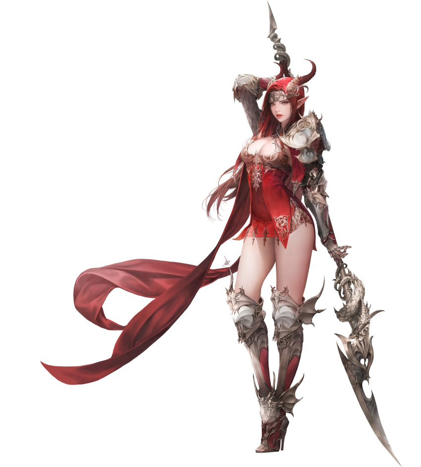 1girl absurdres armor armored_boots boots breasts cleavage cleavage_cutout clothing_cutout daeho_cha dragon_horns dress full_body gauntlets high_heel_boots high_heels highres holding holding_polearm holding_weapon horns knee_boots league_of_angels long_hair looking_at_viewer medium_breasts official_art parted_lips pointy_ears polearm red_dress red_eyes red_hair red_horns red_lips short_dress shoulder_armor signature simple_background solo teeth weapon white_background