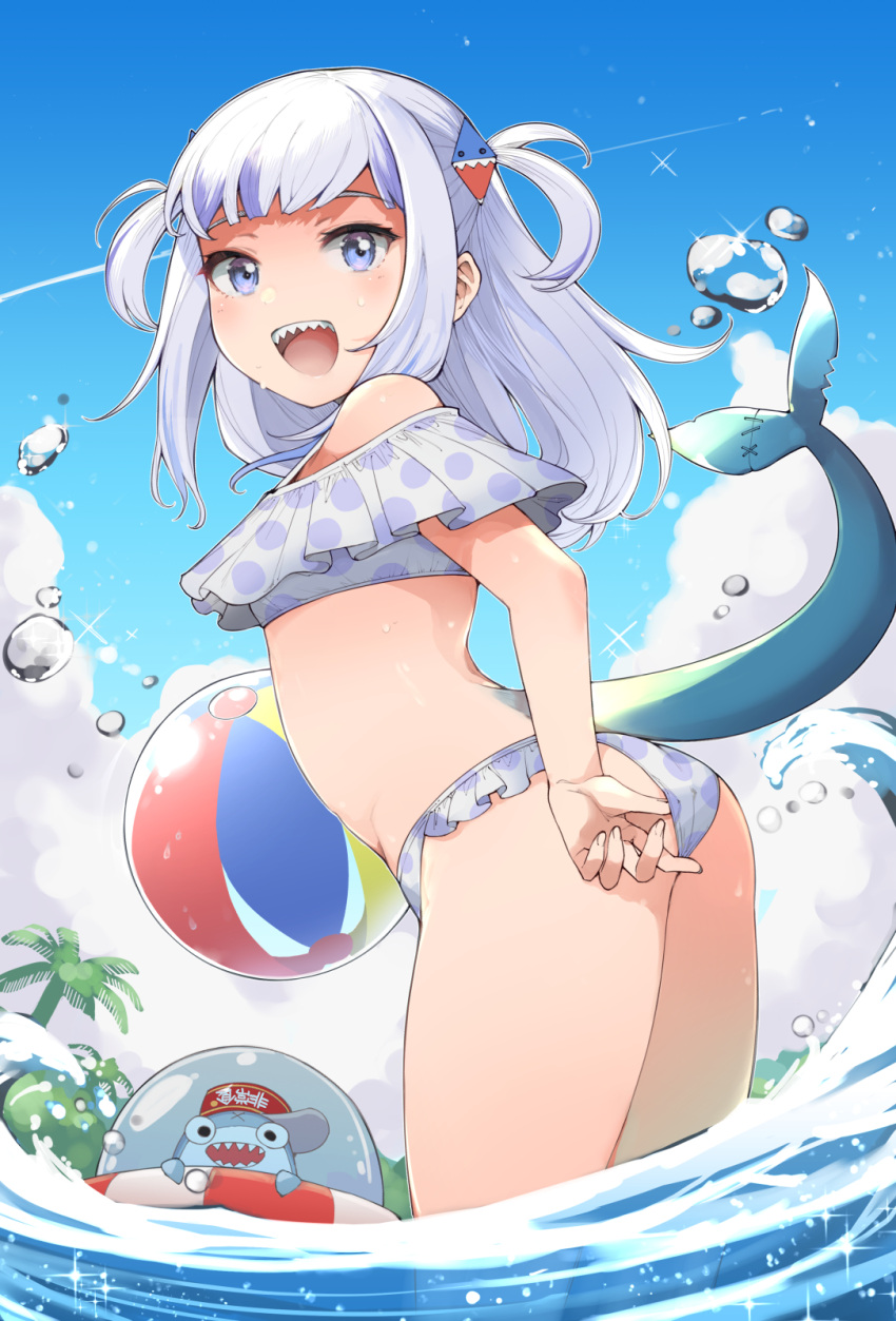 1girl adjusting_clothes adjusting_swimsuit ass ball bangs bare_shoulders beachball bikini bloop_(gawr_gura) blue_eyes blue_hair day english_commentary fish_tail frilled_bikini frills from_side gawr_gura goten_(510gensoku) hair_ornament highres hololive hololive_english in_water looking_at_viewer medium_hair multicolored_hair ocean open_mouth outdoors palm_tree shark_tail sharp_teeth smile solo streaked_hair sunlight swimsuit tail teeth thighs tree two_side_up virtual_youtuber water_drop white_hair