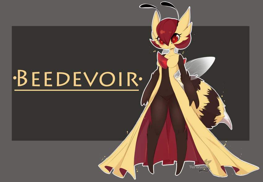 1girl antennae arms_at_sides arthropod_girl artist_name bangs bee_girl beedrill black_background black_fur blush bob_cut body_fur border character_name closed_mouth collarbone commentary english_commentary english_text full_body furry furry_female fusion gardevoir grey_border groin hair_between_eyes happy highres insect_wings light_blush navel no_pussy outline outside_border pokemon pokemon_(creature) red_eyes red_hair short_hair simple_background smile solo split_mouth standing stinger stomach teranen two-tone_fur watermark white_outline wings yellow_fur