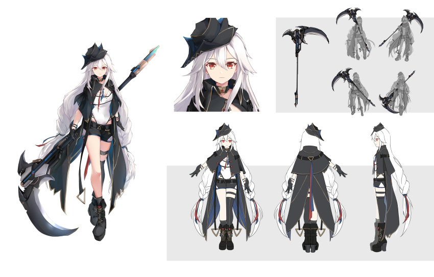 1girl absurdres arknights asymmetrical_legwear black_cape black_footwear black_gloves black_headwear black_legwear black_shorts boots breasts cape character_sheet cleavage expressionless full_body gloves grey_hair hair_between_eyes hat highres holding holding_scythe holding_weapon long_hair looking_at_viewer low-tied_long_hair low_twintails multiple_views original red_eyes scythe shirt shorts simple_background single_sock single_thighhigh socks thigh_strap thighhighs tuanjiang_w twintails very_long_hair weapon white_background white_shirt