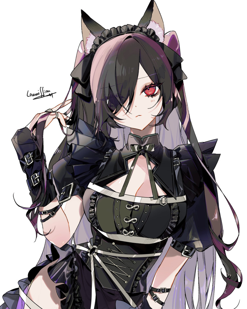 1girl :&lt; animal_ear_fluff animal_ears arm_belt arm_warmers bangs black_dress black_hair black_hairband black_ribbon breasts cat_ears center_frills cleavage cleavage_cutout clothing_cutout colored_inner_hair commentary commission comori contrapposto cowboy_shot dress english_commentary english_text expressionless eyelashes eyes_visible_through_hair facing_viewer frilled_dress frills gothic_lolita hair_over_eyes hair_twirling hairband highres jewelry large_breasts lolita_fashion long_hair looking_at_viewer maid_headdress mitsurugi_lia multicolored_hair multiple_rings neck_ribbon o-ring puffy_short_sleeves puffy_sleeves red_eyes ribbon ring short_sleeves side_slit sidelocks simple_background slit_pupils solo two_side_up unamused underbust very_long_hair virtual_youtuber wactor_production white_background white_hair