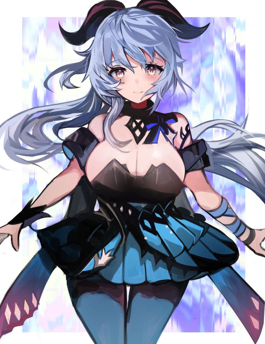 1girl absurdres bangs bare_shoulders black_dress blue_hair blue_legwear breasts brown_eyes closed_mouth commentary_request dress floating_hair ganyu_(genshin_impact) genshin_impact hair_between_eyes highres horns large_breasts long_hair pantyhose smile solo strapless strapless_dress tarbo_(exxxpiation) very_long_hair