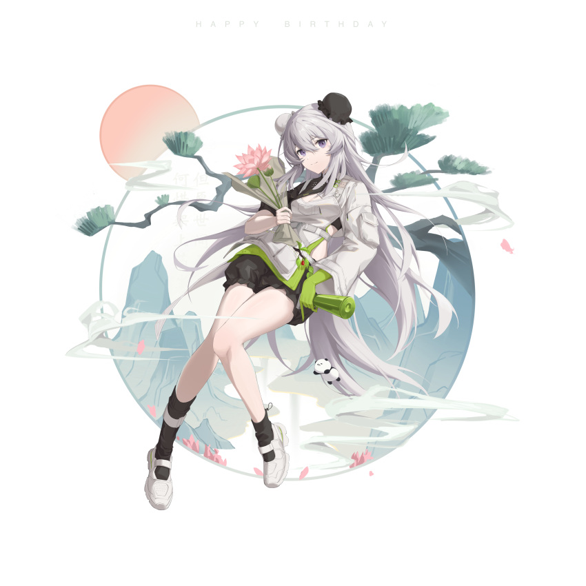 1girl absurdres arknights asymmetrical_legwear bangs bare_legs black_bloomers black_legwear black_shorts bloomers bun_cover double_bun flower full_body gaoqiaoyuyin_takahashi gloves green_gloves grey_hair hair_between_eyes hair_bun highres holding holding_flower jacket long_hair long_sleeves looking_at_viewer mulberry_(arknights) mulberry_(plant_crude_drug)_(arknights) official_alternate_costume pink_flower purple_eyes shirt shoes shorts single_glove smile socks solo thighs underwear very_long_hair white_background white_footwear white_hair white_jacket white_shirt