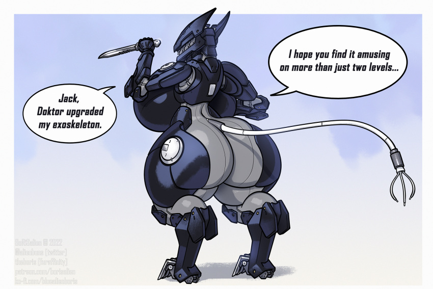 anthro big_breasts big_butt blade_wolf borisalien breasts butt canid canine canis dialogue dialogue_box digital_media_(artwork) digitigrade english_text female hi_res huge_breasts huge_butt humanoid konami living_machine machine mammal melee_weapon metal_gear metal_gear_rising:_revengeance not_furry presenting presenting_hindquarters robot simple_background solo text thick_thighs video_games weapon wide_hips wolf