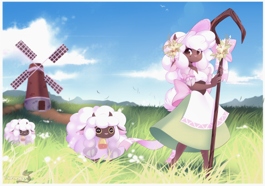1girl :3 ^_^ animal animal_ears animal_nose apron artist_name back_bow barefoot bell blue_sky bonnet border bow braid breasts brown_eyes brown_horns closed_eyes closed_mouth cloud commentary cowbell dark-skinned_female dark_skin day english_commentary flower full_body furry furry_female grass green_skirt hair_flower hair_ornament hands_up happy highres holding holding_staff horizontal_pupils horns long_hair looking_at_viewer neck_bell outdoors personification pink_bow pink_headwear pokemon pokemon_(creature) puffy_short_sleeves puffy_sleeves revision sheep sheep_ears sheep_girl sheep_horns sheep_tail shepherd shepherd's_crook shirt short_sleeves sidelocks sideways_mouth skirt sky small_breasts smile solo staff standing tail teranen twin_braids waist_apron watermark white_apron white_border white_hair white_shirt windmill wooloo yellow_flower