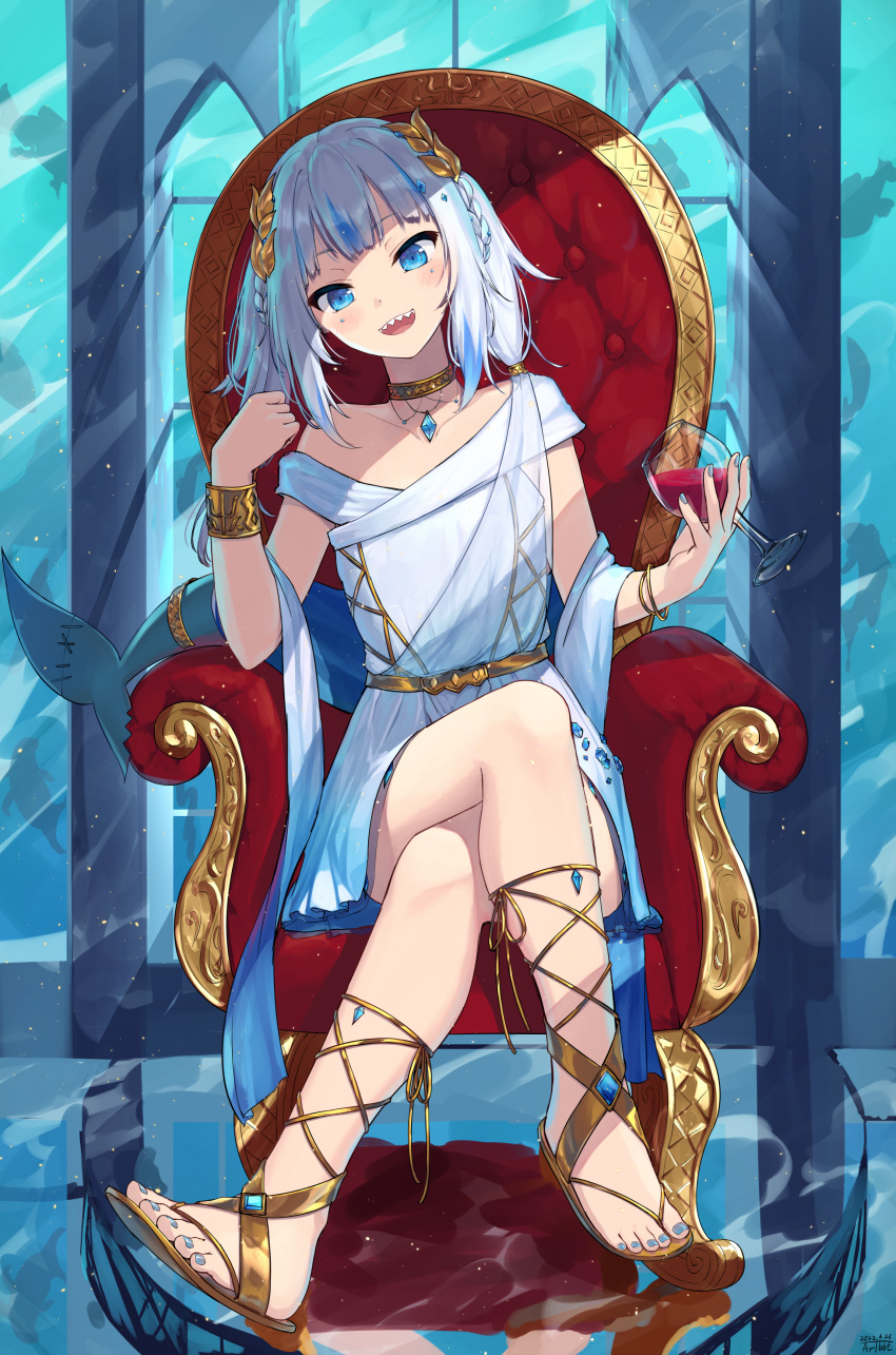 absurdres alcohol arm_rest blue_eyes blue_hair blue_nails bracelet chair choker collarbone crossed_legs cup drinking_glass fish_tail gawr_gura hair_ornament highres holding holding_cup hololive hololive_english jewelry multicolored_hair nail_polish official_alternate_costume on_chair open_mouth sandals shark_girl shark_tail sharp_teeth single_bare_shoulder sitting smile streaked_hair tail teeth toga traveler_(artbbt) virtual_youtuber white_hair wine wine_glass