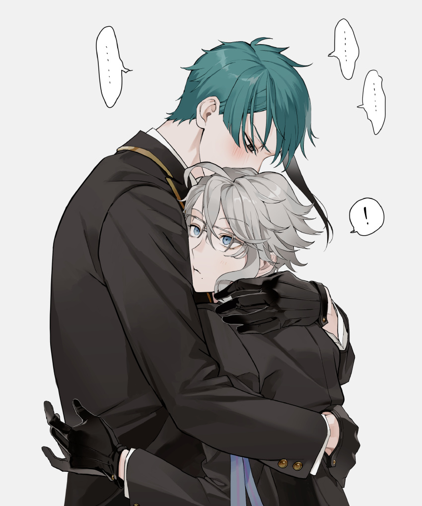 ! ... 2boys absurdres azul_ashengrotto bangs black_gloves black_hair black_jacket blue_eyes blue_hair blue_ribbon blush collared_shirt covered_mouth earrings embarrassed from_side glasses gloves grey_background grey_hair hand_on_another's_back hand_on_another's_shoulder height_difference highres hug hyakutennnn jacket jade_leech jewelry long_sleeves looking_at_another looking_away looking_down male_focus multicolored_hair multiple_boys night_raven_college_uniform profile reaching ribbon shirt short_hair simple_background spoken_ellipsis spoken_exclamation_mark streaked_hair twisted_wonderland white_shirt yaoi yellow_eyes