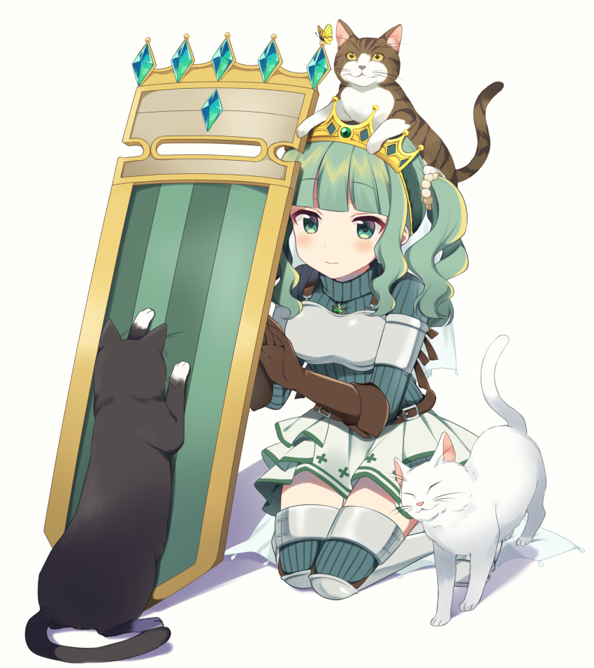 1girl animal_on_head aqua_gemstone armor armored_legwear bangs belt black_cat blunt_bangs blush breastplate brown_belt brown_cat brown_gloves bug butterfly cat closed_eyes crown elbow_gloves frilled_skirt frills fujishiro_emyu futaba_sana gem gloves green_eyes green_gemstone green_hair green_sweater hair_bobbles hair_ornament highres jewelry looking_at_animal magia_record:_mahou_shoujo_madoka_magica_gaiden magical_girl mahou_shoujo_madoka_magica multiple_cats necklace nuzzle on_head ribbed_legwear ribbed_sweater scratching shield sidelocks simple_background sitting skirt smile solo sweater thighhighs turtleneck turtleneck_sweater twintails veil wariza wavy_hair white_background white_cat white_skirt yellow_butterfly zettai_ryouiki