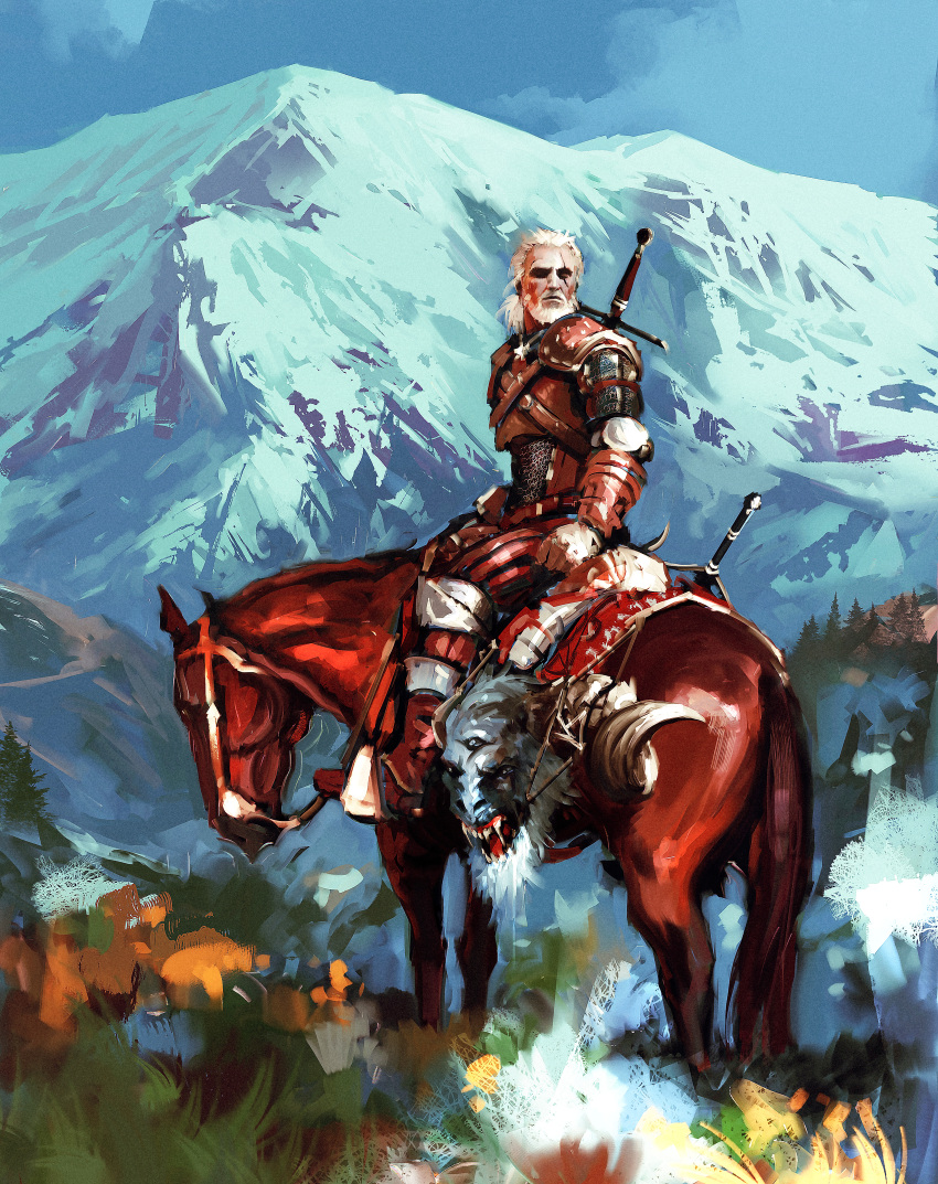 1boy absurdres animal armor bangs beard blurry dismemberment facial_hair fangs flower from_side geralt_of_rivia gloves highres horse kalmahul long_hair male_focus mountain orange_flower scar scar_across_eye scar_on_face severed_head shaded_face shiny shiny_clothes shiny_skin sitting sword teeth the_witcher_(series) weapon weapon_on_back white_hair