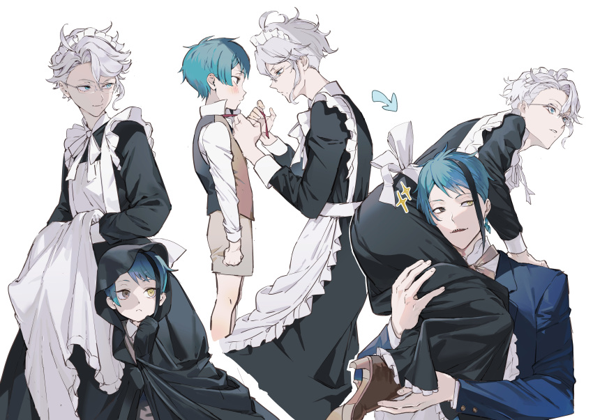 1boy 2boys absurdres ahoge alternate_costume apron apron_hold arrow_(symbol) azul_ashengrotto bangs black_cloak black_dress black_hair blue_hair brown_eyes brown_footwear carrying_over_shoulder child cloak collared_shirt dress dressing_another earrings enmaided frilled_apron frills glasses grey_hair hand_on_another's_leg heterochromia high_heels highres hyakutennnn jade_leech jewelry kneeling long_sleeves looking_at_another looking_away looking_down looking_to_the_side maid maid_apron maid_headdress male_child male_focus multicolored_hair multiple_boys multiple_views neck_ribbon parted_lips popped_collar profile red_ribbon ribbon shirt shoe_soles short_hair shorts sidelocks sideways_glance simple_background smile standing streaked_hair twisted_wonderland tying under_skirt vest white_apron white_background white_shirt yellow_eyes younger