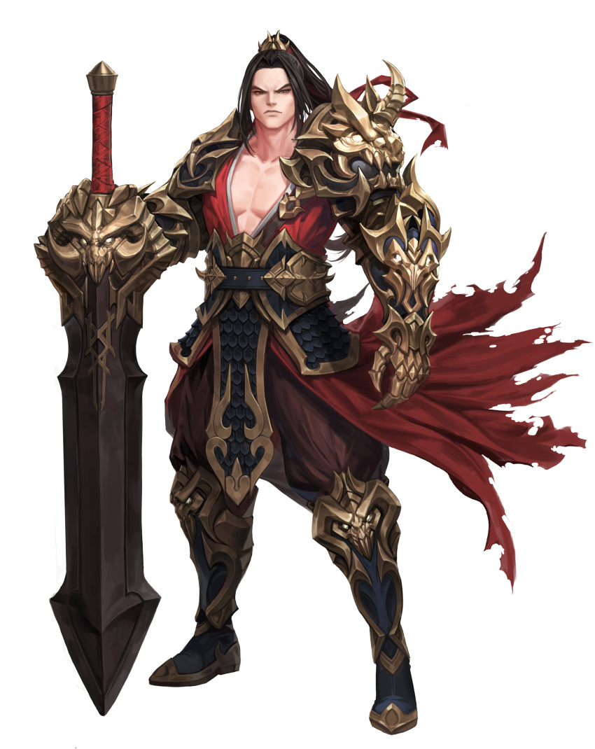 1boy absurdres armor armored_boots black_hair boots brown_eyes brown_pants closed_mouth daeho_cha faulds full_body gauntlets gold_trim hand_on_weapon highres japanese_clothes kimono knee_boots long_hair looking_at_viewer male_focus original pants pectoral_cleavage pectorals planted planted_sword ponytail red_kimono shoulder_armor solo standing sword torn_clothes weapon