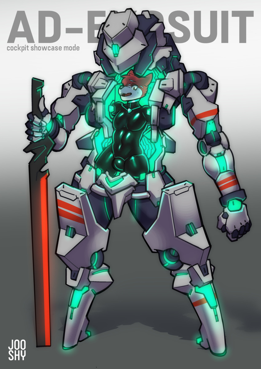 2019 absurd_res anthro black_bodysuit black_latex bodysuit canid canine canis clothing exosuit fur glowing hair hi_res holding_object holding_sword holding_weapon jooshy latex latex_clothing limb_slot machine male mammal mecha melee_weapon null_bulge open_mouth questionable_consent red_body red_eyes red_fur red_hair restrained rubber rubber_clothing rubber_suit simple_background skinsuit solo standing sword tight_clothing weapon white_body white_fur xavier_(fox_sinz)