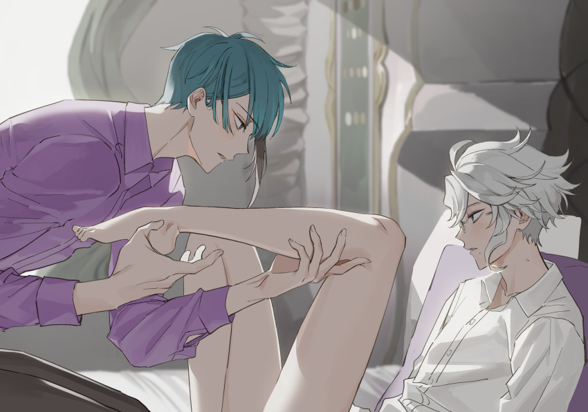2boys azul_ashengrotto bangs barefoot bed_sheet black_hair blue_hair blush bottomless brown_eyes collared_shirt couple day dress_shirt eye_contact from_side glasses grey_hair highres holding_another's_leg hyakutennnn indoors jade_leech leaning_back leaning_forward long_sleeves looking_at_another looking_away male_focus mole mole_under_mouth multicolored_hair multiple_boys on_bed parted_lips plantar_flexion profile purple_shirt shirt short_hair sidelocks sitting streaked_hair sweat twisted_wonderland white_shirt yaoi