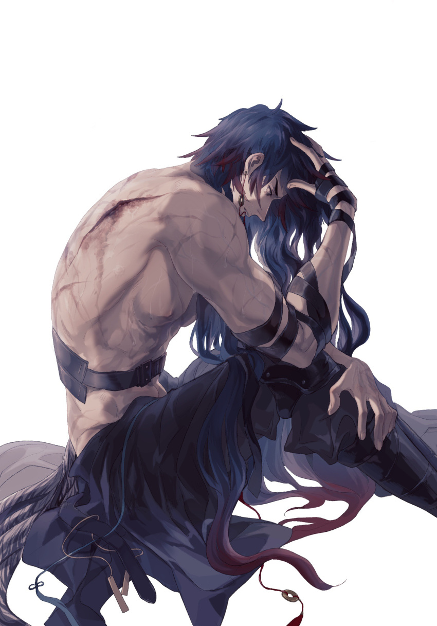 1boy abs arknights backlighting blood dark_blue_hair feet_out_of_frame from_side highres injury long_hair looking_down male_focus mr._nothing_(arknights) nipples pectorals rencanzaoganshiwusuo scar scar_on_arm scar_on_back sitting solo toned toned_male topless_male