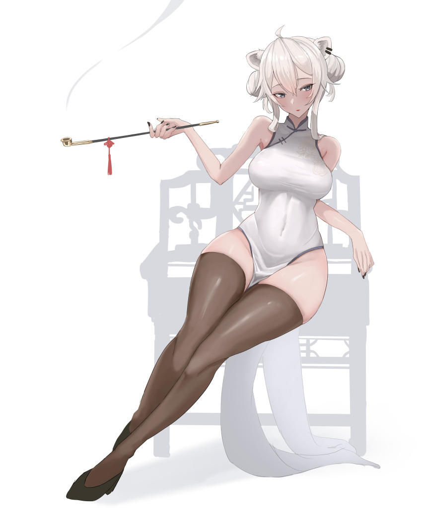 1girl absurdres ahoge animal_ears arm_rest bare_shoulders black_footwear black_nails breasts brown_legwear china_dress chinese_clothes closed_mouth covered_navel double_bun dress earrings full_body grey_eyes hair_bun high_heels highres holding holding_smoking_pipe hololive jewelry large_breasts legs lion_ears looking_at_viewer pelvic_curtain red_lips shishiro_botan sidelocks sitting skindentation sleeveless sleeveless_dress smoke smoking_pipe solo tassel thighhighs thighs tomj white_dress white_hair wide_hips