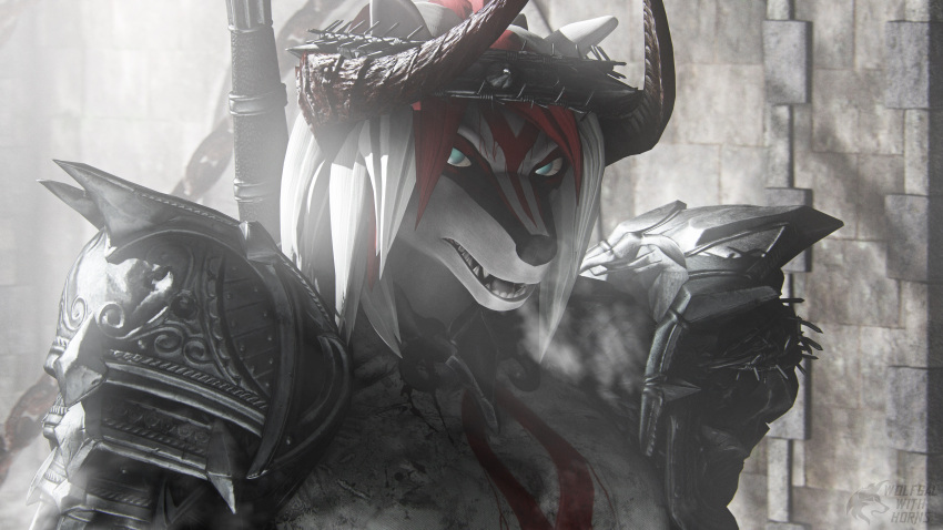 3d_(artwork) absurd_res anthro armor blood blood_on_face bodily_fluids canid canine canis castle_wall cold crown digital_media_(artwork) female female/female fur hair hi_res horn humanoid ludexus mammal melee_weapon muscular muscular_anthro muscular_female navik_gundyr_(ludexus) solo source_filmmaker sword weapon white_body white_fur white_hair wolf