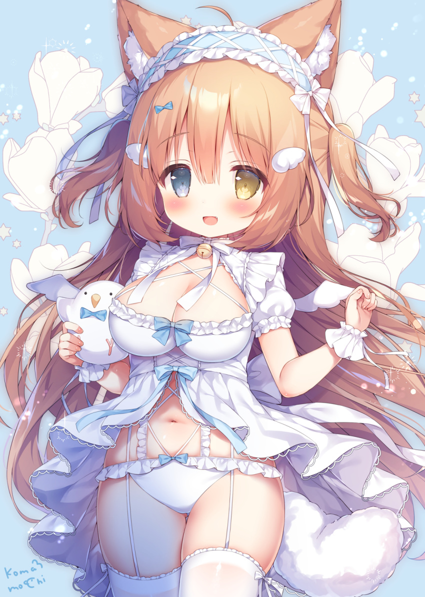 1girl ahoge animal_ear_fluff animal_ears arm_up babydoll bell blush bow bow_panties breasts brown_hair cat_ears cat_girl cat_tail cleavage garter_straps hair_bow hair_ornament hairband hairclip heterochromia highres jingle_bell lolita_hairband long_hair momozu_komamochi navel no_pants open_mouth oppai_loli original panties ribbon smile solo stuffed_toy tail thighhighs thighs two_side_up underwear underwear_only very_long_hair white_babydoll white_legwear white_panties