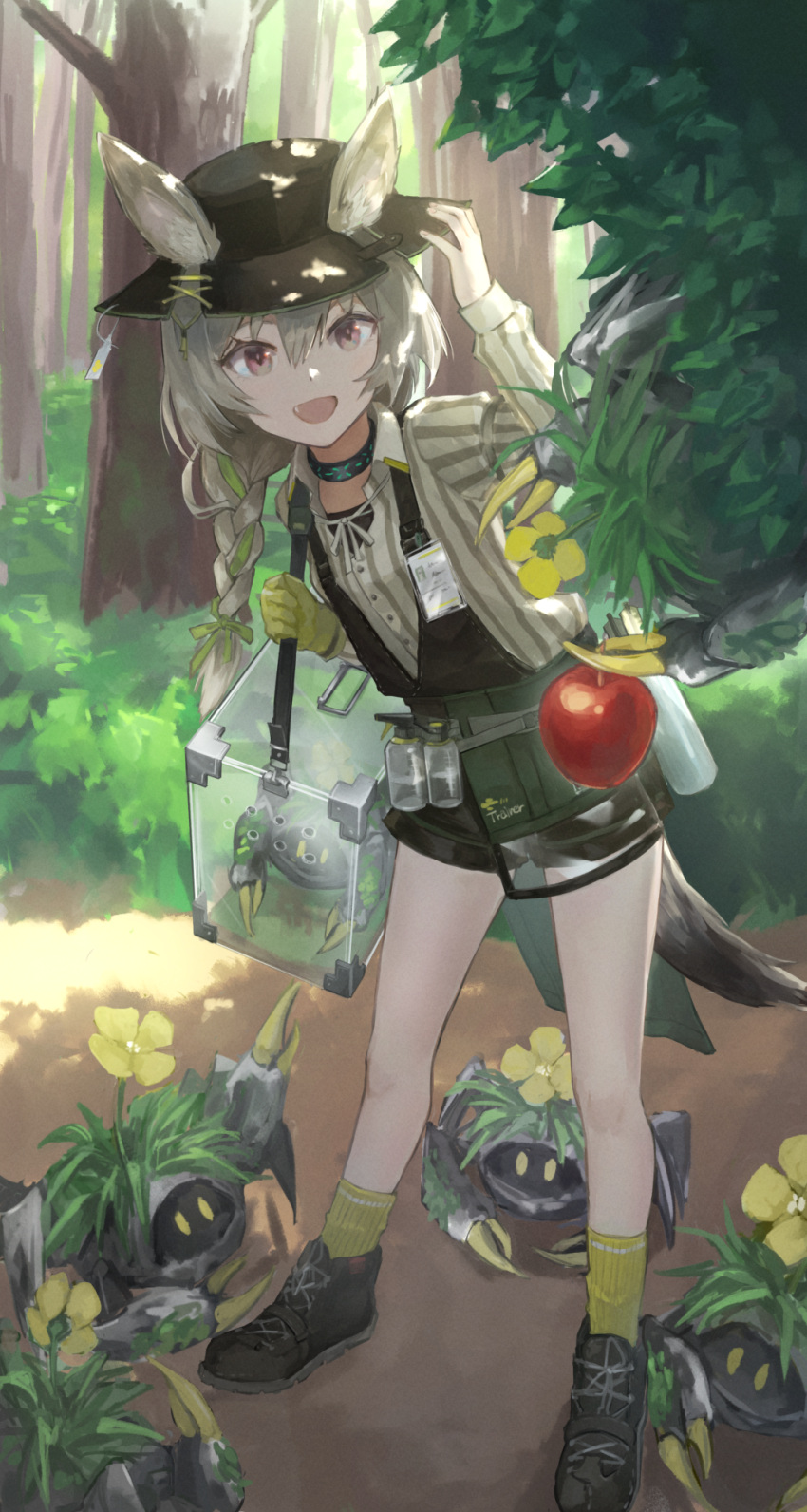 1girl :d animal apple arknights beanstalk_(arknights) black_collar black_footwear black_headwear black_shorts black_vest bottle bow carrying collar crab ears_through_headwear fang flower flower_on_head food fruit full_body green_bow green_ribbon grey_shirt hair_between_eyes hair_bow hair_ribbon hand_on_headwear highres hyena_ears hyena_girl hyena_tail infection_monitor_(arknights) looking_at_viewer metal_crab_(arknights) open_mouth pink_eyes ribbon shirt shoes shorts shoulder_carry smile socks solo spray_bottle vest weasel_(close-to-the-edge) yellow_flower yellow_legwear