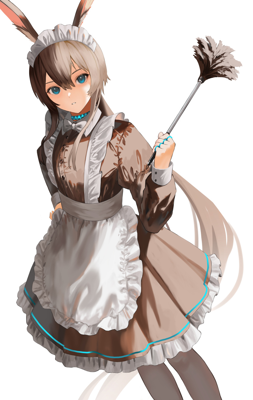 1girl absurdly_long_hair absurdres alternate_costume amiya_(arknights) animal_ears apron arknights black_dress black_legwear blue_coat blue_collar blue_eyes brown_hair coat collar dress duster dutch_angle enmaided feather_duster feet_out_of_frame frilled_dress frills hair_between_eyes highres holding holding_duster jewelry jun_(inrshun) long_hair long_sleeves looking_at_viewer maid maid_apron maid_headdress multiple_rings neck_ring pantyhose parted_lips ponytail rabbit_ears rabbit_girl ring sidelocks simple_background solo very_long_hair white_apron white_background