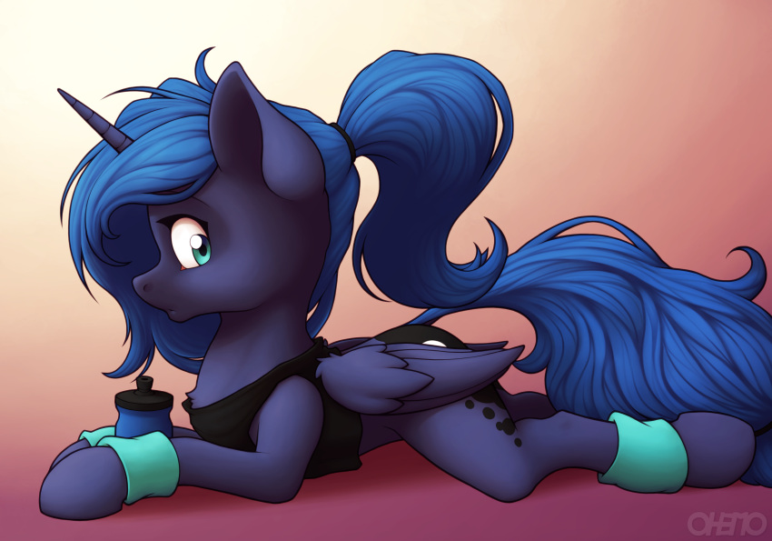 absurd_res alternate_hairstyle big_ears blue_body blue_eyes blue_fur blue_hair blue_tail chest_tuft clothing equid equine female feral friendship_is_magic fur hair hasbro hi_res horn leg_warmers legwear looking_back lying mammal my_little_pony ohemo ponytail princess_luna_(mlp) shirt topwear tuft water_bottle winged_unicorn wings