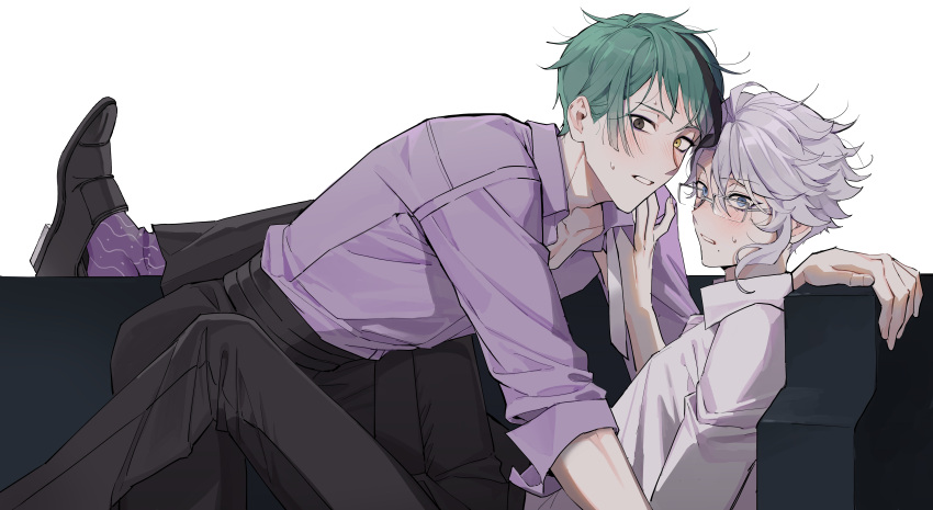 2boys absurdres all_fours azul_ashengrotto bangs between_legs black_hair black_pants blush caught collared_shirt couple from_side glasses green_hair grey_eyes grey_hair hand_on_another's_shoulder heterochromia highres hyakutennnn jade_leech knee_up leaning_back leg_up long_sleeves looking_at_viewer looking_to_the_side male_focus messy_hair multicolored_hair multiple_boys neck_ribbon outstretched_arm pants purple_legwear purple_shirt ribbon shirt shoe_dangle short_hair simple_background sitting sleeves_rolled_up socks streaked_hair surprised sweat twisted_wonderland untied white_background white_ribbon white_shirt yaoi yellow_eyes