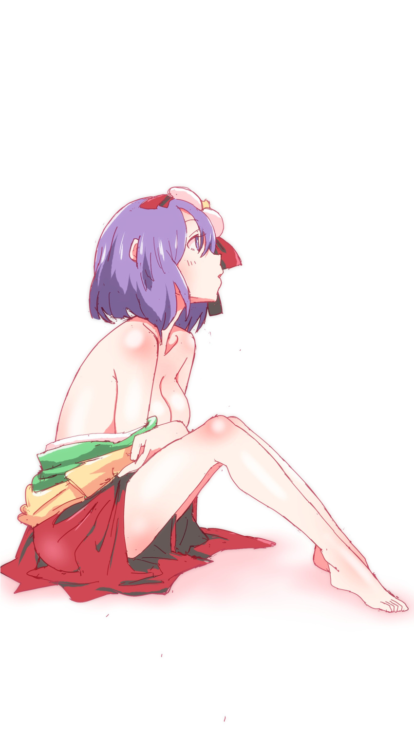 1girl absurdres bangs bare_legs bare_shoulders barefoot blunt_bangs breasts cleavage covering covering_breasts flower full_body green_kimono hair_flower hair_ornament hieda_no_akyuu highres japanese_clothes kimono layered_clothes layered_kimono no_bra non_(z-art) parted_lips partially_undressed purple_eyes purple_hair red_skirt short_hair simple_background sitting skirt solo toes touhou white_background yellow_kimono