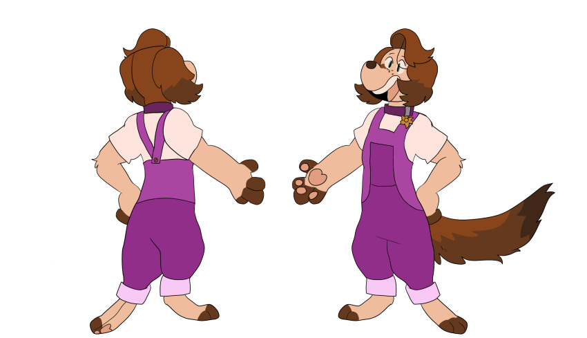 absurd_res anthro battycat brown_hair canid canine canis clothing collar domestic_dog ear_hair female freckles green_eyes hair hi_res long_tail mammal overalls pawpads pink_pawpads solo sunny_(battycat)