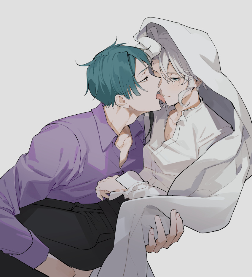 2boys absurdres adam's_apple ahoge azul_ashengrotto bangs black_hair black_pants blanket blue_eyes blue_hair brown_eyes carrying collared_shirt crying crying_with_eyes_open dress_shirt eyelashes face-to-face grey_background grey_hair half-closed_eyes highres hyakutennnn jade_leech leaning_forward licking licking_another's_face licking_another's_lips licking_tears long_sleeves looking_at_another looking_away male_focus multicolored_hair multiple_boys open_mouth pants princess_carry profile purple_shirt shirt short_hair sidelocks simple_background streaked_hair tears tongue tongue_out twisted_wonderland veil white_shirt yaoi