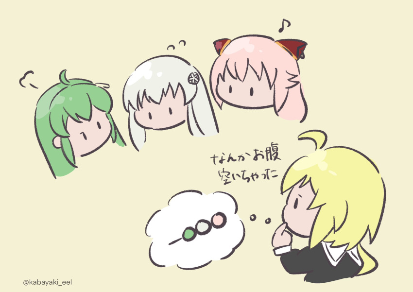 4girls =3 ahoge amano_soraha assault_lily bangs blonde_hair chibi color_coordination commentary_request cropped_torso dango egawa_kusumi eighth_note endou_araya finger_to_own_chin flower flying_sweatdrops food green_hair grey_hair hair_flower hair_ornament hairpods hand_up highres kabayaki_(kabayaki_eel) long_hair looking_at_another looking_away low_ponytail multiple_girls musical_note no_mouth pink_hair ponytail sanshoku_dango school_uniform simple_background solid_oval_eyes spoken_object tanaka_ichi thinking thought_bubble translated twitter_username v-shaped_eyebrows wagashi yellow_background yurigaoka_girls_academy_school_uniform