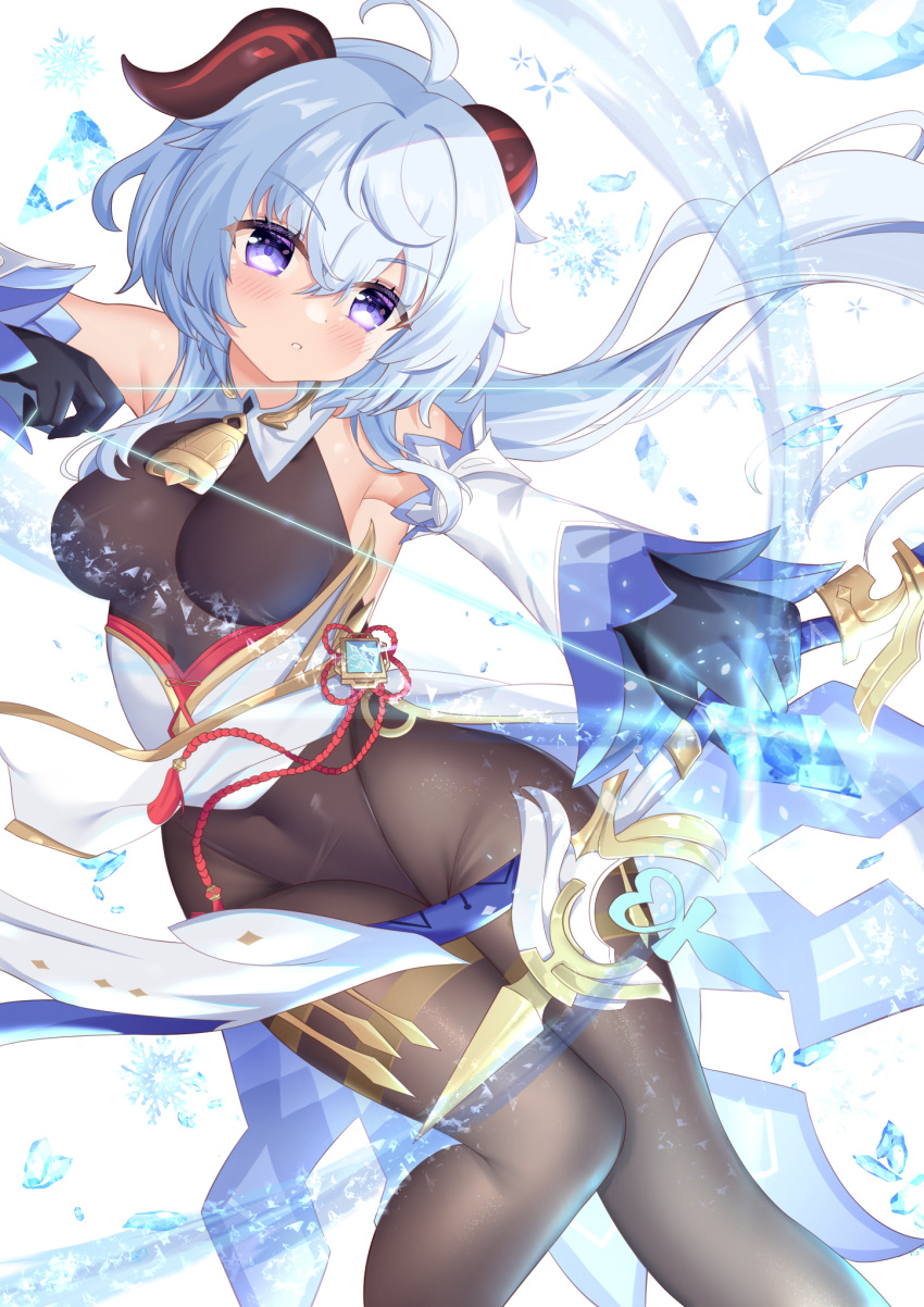 1girl ahoge amos'_bow_(genshin_impact) bangs bare_shoulders bell black_gloves black_legwear black_leotard blue_eyes blue_hair blush bodystocking bodysuit bow_(weapon) breasts chinese_knot clothes_lift covered_navel detached_sleeves flower_knot ganyu_(genshin_impact) genshin_impact gloves gold_trim groin highres hiyada_yuu holding holding_bow_(weapon) holding_weapon leotard leotard_under_clothes long_hair low_ponytail medium_breasts neck_bell parted_lips pelvic_curtain pelvic_curtain_lift sidelocks solo tassel thighlet thighs vision_(genshin_impact) weapon white_sleeves