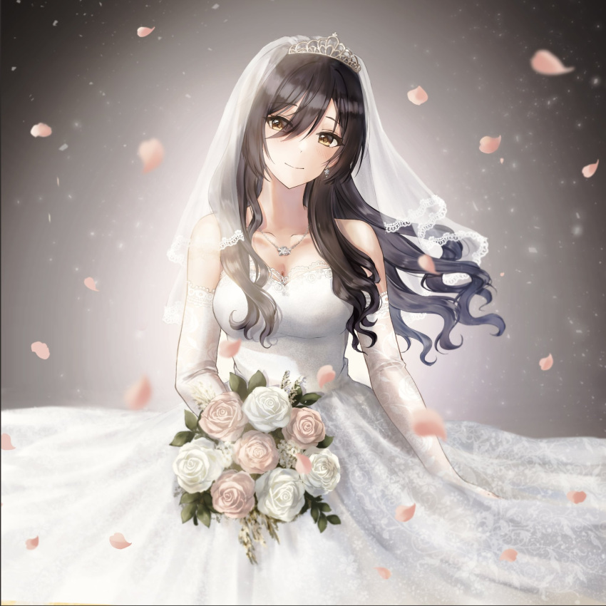1girl black_hair blush bouquet breasts bridal_gauntlets bridal_veil bride cleavage collarbone dress earrings falling_petals gloves grace_092588 hair_between_eyes head_tilt highres holding holding_bouquet idolmaster idolmaster_shiny_colors jewelry lace-trimmed_dress lace-trimmed_gloves lace-trimmed_veil lace_trim large_breasts light_particles long_hair necklace petals rose_petals shirase_sakuya smile solo tiara veil wavy_hair wedding_dress white_dress white_gloves