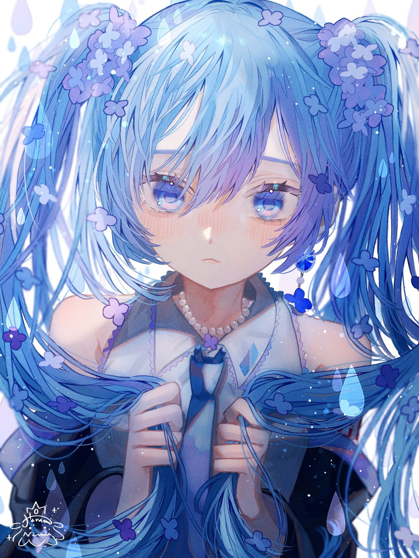 1girl 39 :&lt; artist_logo bangs bare_shoulders black_sleeves blue_eyes blue_necktie blush closed_mouth commentary_request detached_sleeves earrings eyebrows_behind_hair flower grey_shirt hair_between_eyes hair_flower hair_ornament hands_up harumi_nimu hatsune_miku highres holding holding_hair jewelry light_particles long_hair looking_at_viewer necklace necktie number_tattoo pearl_necklace shirt sleeveless sleeveless_shirt solo tattoo twintails upper_body very_long_hair vocaloid