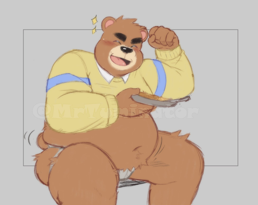 2022 animal_crossing anthro belly big_belly black_nose blush brown_body brown_fur clothed clothing distracting_watermark eyes_closed food fur hi_res humanoid_hands jockstrap male mammal mrtuminator navel nintendo overweight overweight_male raised_clothing raised_shirt raised_topwear shirt sitting solo teddy_(animal_crossing) topwear underwear ursid video_games watermark