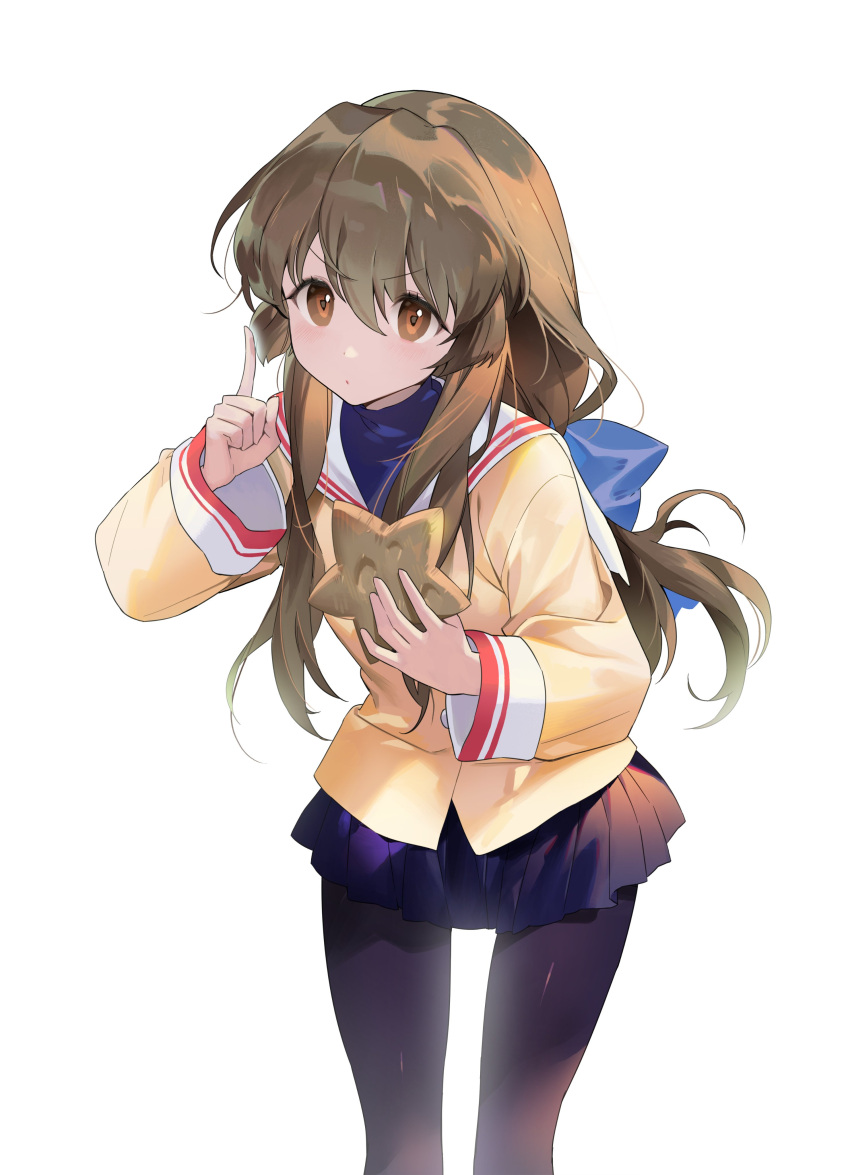 1girl absurdres bangs black_legwear brown_hair clannad cookie feet_out_of_frame food hair_ribbon hands_up highres hikarizaka_private_high_school_uniform holding holding_food ibuki_fuuko index_finger_raised leaning_forward long_hair long_sleeves looking_at_viewer low-tied_long_hair miniskirt orange_eyes pantyhose pleated_skirt ribbon school_uniform seoji serious sidelocks simple_background skirt solo standing star_(symbol) turtleneck white_background