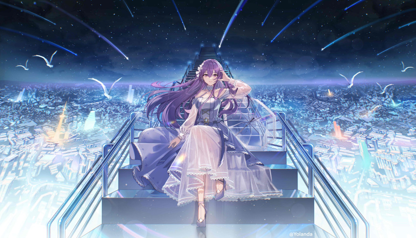 1girl absurdres bare_shoulders bird cityscape collarbone dress flower hair_flower hair_ornament halter_dress halterneck hand_in_own_hair high_heels highres long_hair long_sleeves looking_at_viewer meteor meteor_shower mo_qingxian night night_sky outdoors purple_eyes purple_footwear purple_hair scenery shoes sitting sitting_on_stairs sky smile solo stairs star_(sky) starry_sky vocaloid vsinger yolanda