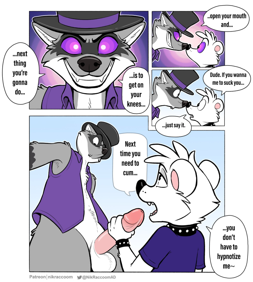 allison_towers_(character) anthro clothing comic duo fangs genitals hand_on_penis hat headgear headwear hi_res humanoid_genitalia humanoid_penis hypnosis hypnotic_eyes male male/male mammal mind_control nikraccoom oral penis pink_penis procyonid purple_clothing raccoon smile smug top_hat