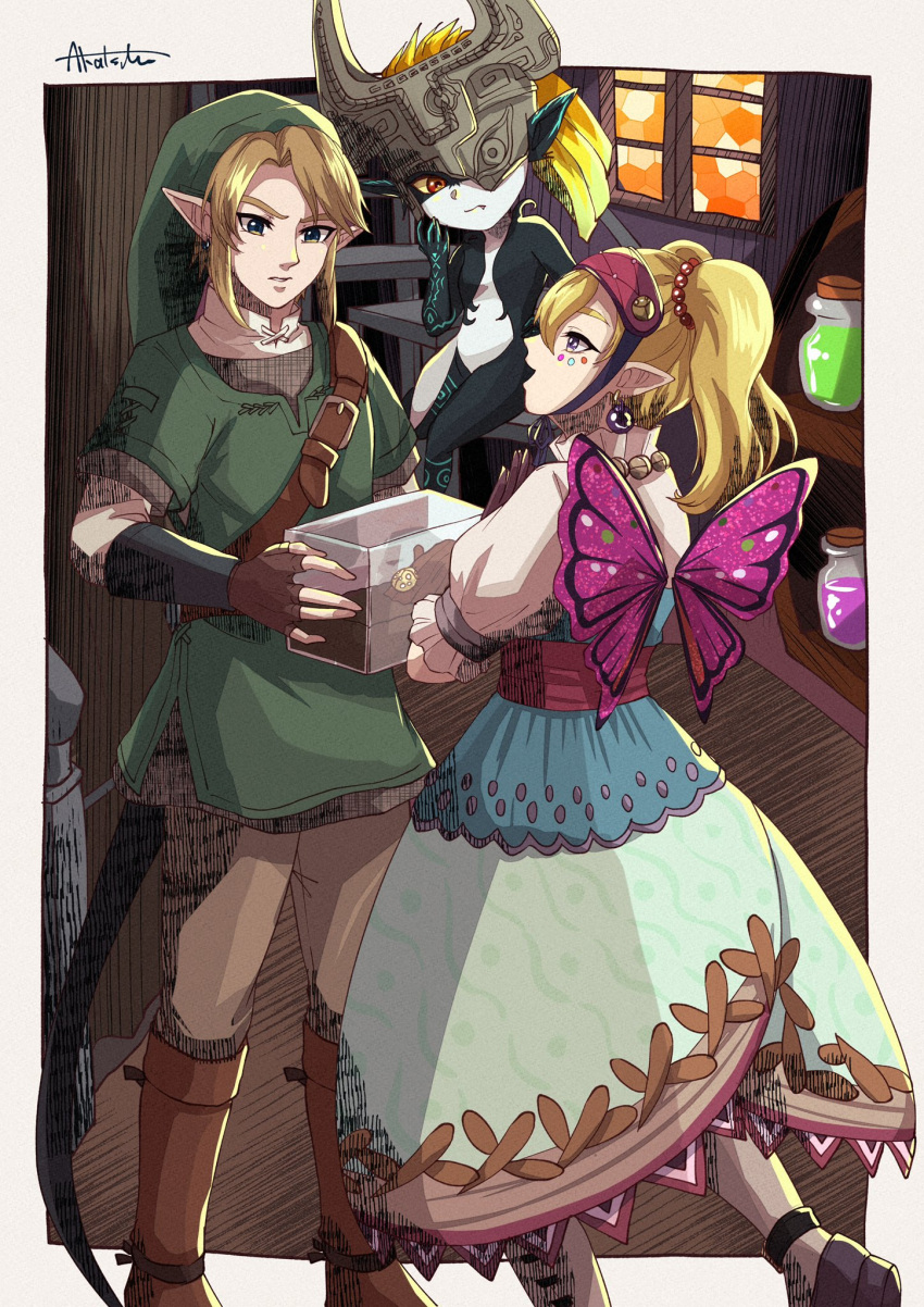 1boy 2girls agitha blonde_hair blue_eyes box butterfly_wings colored_skin detached_sleeves dress fantasy fingerless_gloves floating gloves green_skin hat highres jar link long_hair midna multiple_girls open_mouth pointy_ears red_eyes sakuya_996 the_legend_of_zelda the_legend_of_zelda:_twilight_princess wings wooden_floor