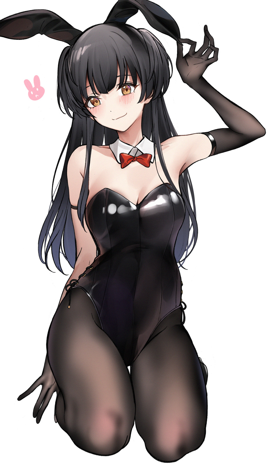 1girl absurdres animal_ears animal_print arm_strap armpits asymmetrical_gloves black_gloves black_hair black_legwear blush bow bowtie breasts bunny_print cleavage commentary_request detached_collar elbow_gloves fake_animal_ears gloves highres idolmaster idolmaster_shiny_colors kneeling leotard liu_chi_tiantang_fr looking_at_viewer mayuzumi_fuyuko medium_breasts pantyhose playboy_bunny rabbit_ears simple_background smile solo strapless strapless_leotard thigh_gap two_side_up uneven_gloves white_background