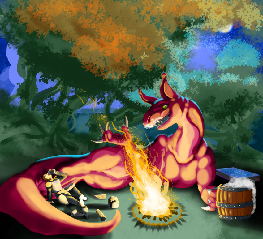 absurd_res alcohol armor beverage book camping dragon drinking duo female feral fire forest hi_res human knight male mammal plant tree universaldragon warrior