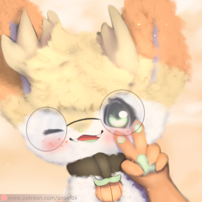anthro blush choker eyewear fluffy freckles fur fur_markings gesture glasses green_eyes hi_res jewelry looking_at_viewer mammal markings necklace one_eye_closed open_mouth orange_body orange_fur paws simple_background smile snoiifoxxo solo v_sign video_games white_body white_fur yellow_body yellow_fur