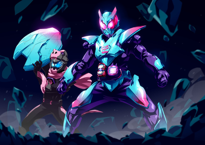 2boys animal_hood armor barid_rex barid_rex_vistamp black_gloves blizzard blue_armor bodysuit compound_eyes demon demon_boy dinosaur dinosaur_tail eggshell gloves highres hood ice kamen_rider kamen_rider_revi kamen_rider_revice kamen_rider_vice multiple_boys otokamu pink_armor pink_eyes pink_scarf purple_bodysuit purple_gloves revice_driver rider_belt scarf shield shoulder_armor stamp_mark tail tyrannosaurus_rex winter