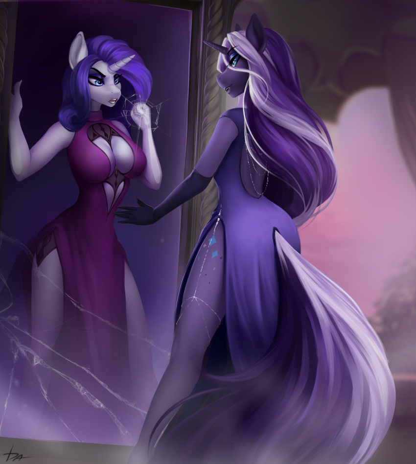 absurd_res altered_reflection blue_eyes breasts cleavage clothed clothing cracked_mirror cracks cutie_mark dacsy dress equid equine friendship_is_magic hair hasbro hi_res horn idw_publishing long_hair mammal mirror multicolored_hair my_little_pony my_little_pony_(idw) nightmare_rarity_(idw) purple_hair rarity_(mlp) reflection trapped trapped_in_mirror two_tone_hair unicorn white_hair