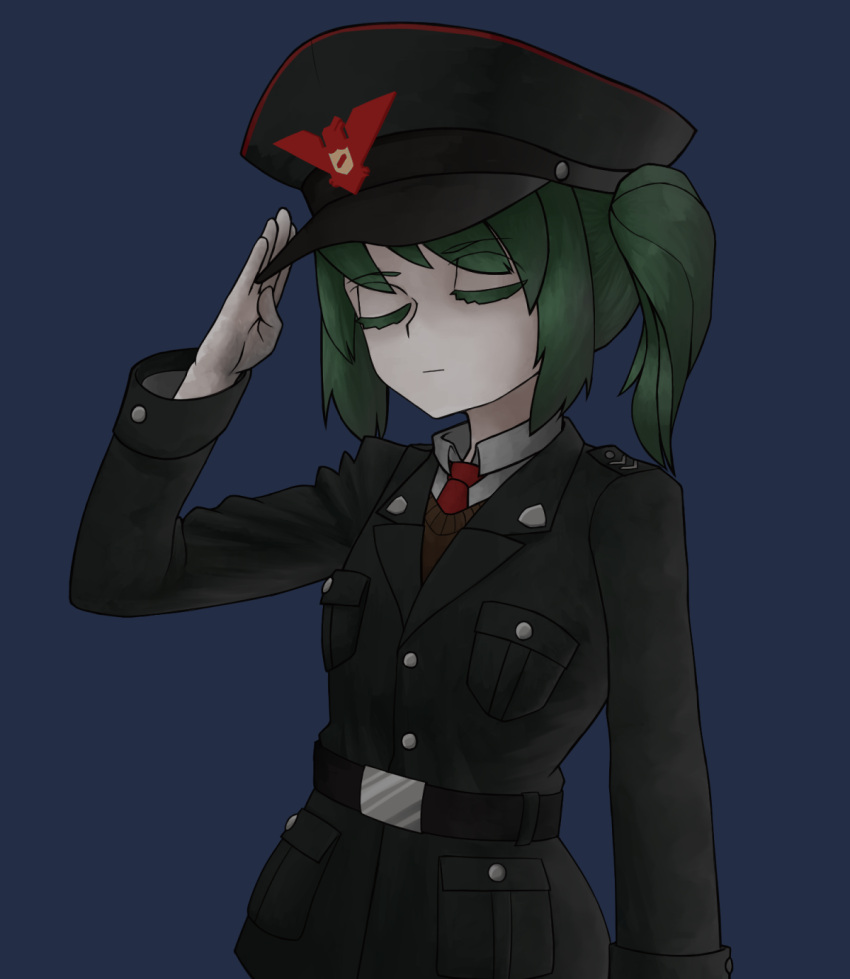 1girl bangs belt black_belt black_coat black_headwear blue_background brown_cardigan cardigan closed_eyes closed_mouth coat collared_shirt colored_skin commentary_request cookie_(touhou) cowboy_shot daiyousei diyusi_(cookie) green_hair hat highres military military_hat military_uniform necktie pale_skin papers_please red_necktie salute shirt side_ponytail simple_background solo surauta touhou uniform white_shirt