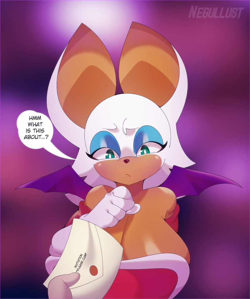 anthro big_breasts breasts chiropteran cleavage clothed clothing dialogue english_text female gloves green_eyes handwear hi_res huge_breasts letter mammal membrane_(anatomy) membranous_wings negullust rouge_the_bat sega simple_background solo sonic_the_hedgehog_(series) text video_games wings
