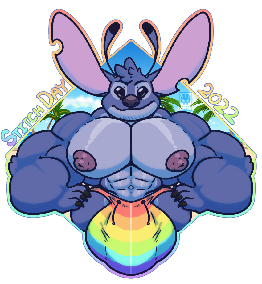 2022 6/26 abs alien antennae_(anatomy) anthro anthrofied beach big_bulge big_ears big_muscles big_nipples biped black_claws blue_body blue_fur blue_nose bulge claws clothing digital_drawing_(artwork) digital_media_(artwork) dipstick_antennae disney english_text erect_nipples experiment_(lilo_and_stitch) front_view fur hands_on_hips head_tuft hi_res huge_bulge huge_muscles hyper hyper_bulge kokoro-doll lgbt_history_month lgbt_pride lilo_and_stitch looking_at_viewer male multicolored_antennae muscular nipples notched_ear outline palm_tree pecs plant pride_color_clothing pride_color_swimwear pride_colors rainbow_pride_colors seaside solo stitch_(lilo_and_stitch) swimwear text tree tuft